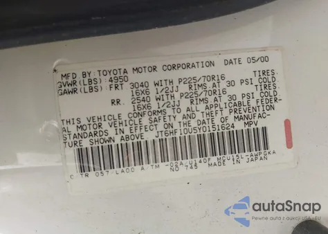 2000 Lexus Rx 300 z USA, uszkodzony, nr VIN JT6HF10U5Y0151624